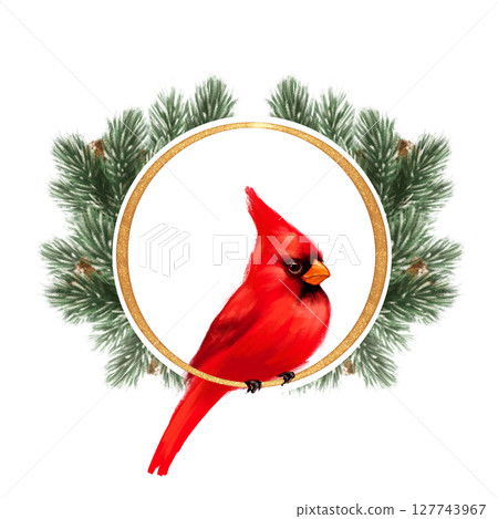 Vibrant hand-drawn illustration with red cardinal bird perched in a golden-ringed pine wreath, perfect for holiday cards, decor, and seasonal designs 127743967