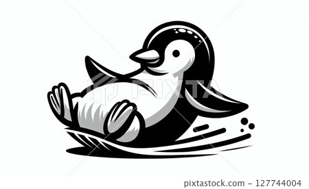 Playful Cartoon Penguin Sliding on Ice 127744004