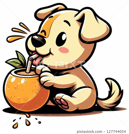 Cute Cartoon Puppy Enjoying Orange Juice 127744054