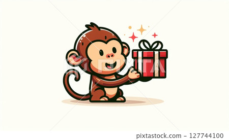 Happy Monkey Holding a Red Gift Box 127744100