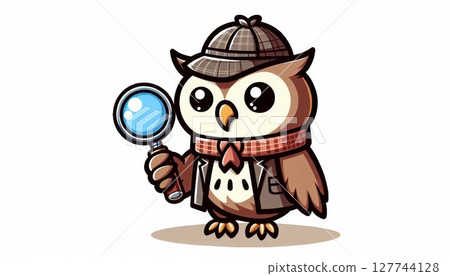 Cute Cartoon Owl Detective with Magnifying Glass 127744128