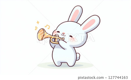 Cute White Bunny Playing a Gold Trumpet Cute White Bunny Playing a Gold Trumpet 127744163