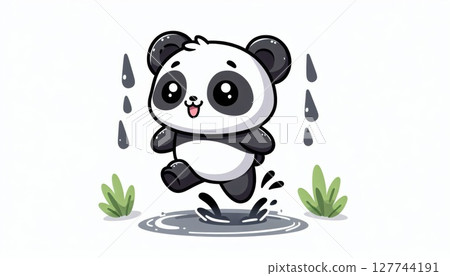 Playful Panda Jumping in Puddle 127744191