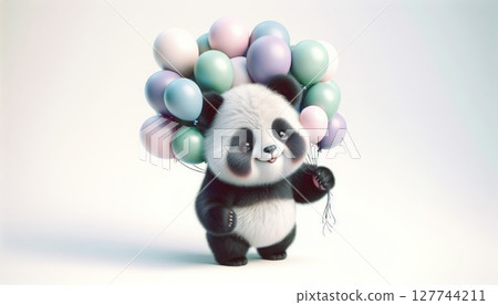 Adorable Cartoon Panda Holding Pastel Balloons 127744211