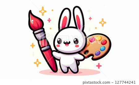 Cute White Rabbit Artist with Paintbrush and Palette 127744241