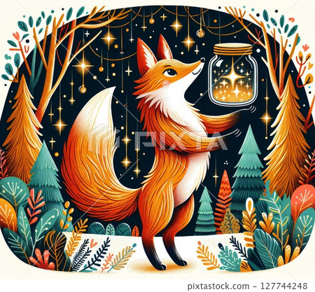 Orange Fox Holding a Jar of Glowing Stars in a Winter Forest 127744248