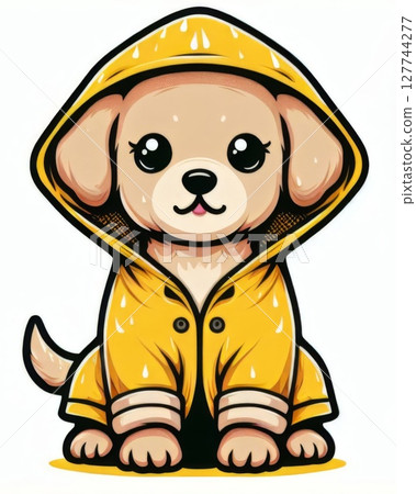 Cute Cartoon Puppy in Yellow Raincoat 127744277