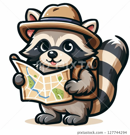 Cute Cartoon Raccoon Explorer with Map and Backpack 127744294