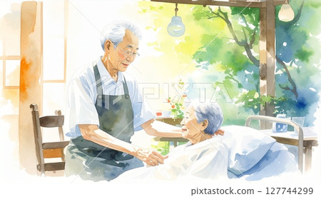 溫柔的水彩風格插圖的老年人護理 127744299