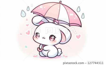 Cute Pink Bunny Holding Umbrella in Rain Cute Pink Bunny Holding Umbrella in Rain 127744311