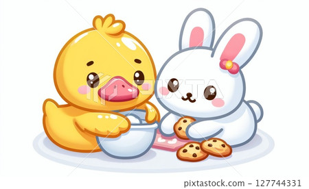 Cute Yellow Duck and White Rabbit Baking Cookies Together Cute Yellow Duck and White Rabbit Baking Cookies Together 127744331