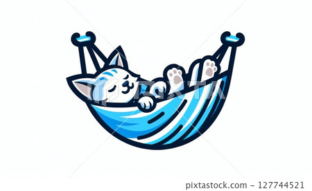 Cute White Cat Sleeping in Blue Hammock Illustration 127744521