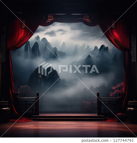 an AI Image Generator, Misty Mountain Landscape Framed by Traditional Red Curtains and Wooden Architecture 127744791