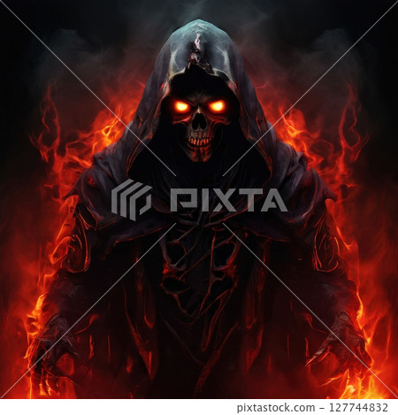 an AI Image Generator, Eerie Hooded Skeleton Figure Surrounded by Fiery 127744832