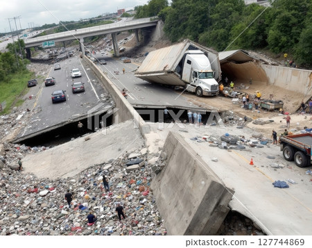 an AI Image Generator, Amid Rubble Depicting Destruction and Crisis From Natural Disaster an AI Image Generator, Amid Rubble Depicting Destruction and Crisis From Natural Disaster 127744869
