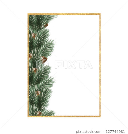 Hand-drawn illustration, square frame featuring pine branches, cones, and a gold border, ideal for Christmas decor, holiday greeting cards, and festive designs. 127744981