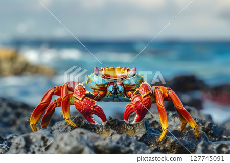 Sally Lightfoot crab on Rocky Shore with Ocean Background . generated AI 127745091