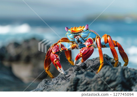 Sally Lightfoot crab on Rocky Shore with Ocean Background . generated AI Sally Lightfoot crab on Rocky Shore with Ocean Background . generated AI 127745094