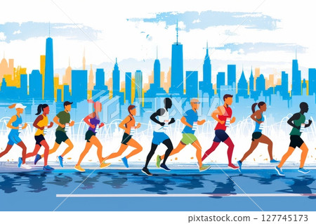 running marathon illustrator background and group of runners for poster .Generative AI 127745173