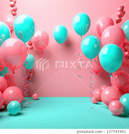 an AI Image Generator, Pink and Blue Balloons with Ribbons Against a Colorful Background an AI Image Generator, Pink and Blue Balloons with Ribbons Against a Colorful Background 127745401