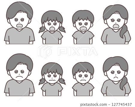 帶有憤怒和困擾面孔的家庭插圖（黑白，灰色） 127745437