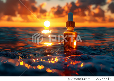 dropper bottle for cosmetics on the sea .cosmetic bottle mockup with skin care concept. Generative AI 127745612