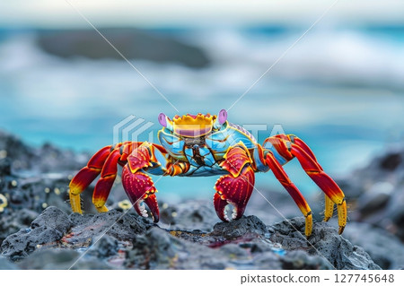 Sally Lightfoot crab on Rocky Shore with Ocean Background . generated AI Sally Lightfoot crab on Rocky Shore with Ocean Background . generated AI 127745648