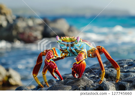 Sally Lightfoot crab on Rocky Shore with Ocean Background . generated AI Sally Lightfoot crab on Rocky Shore with Ocean Background . generated AI 127745660