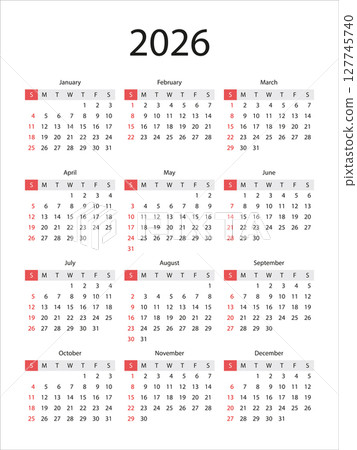 Calendar 2026 year. Week starts on Sunday. Vector illustration Calendar 2026 year. Week starts on Sunday. Vector illustration 127745740