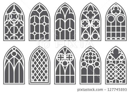 Church windows with arched frames. Cathedral gothic stained glass. Old architecture elements. Medieval castle doors silhouettes isolated on white background. Catholic interior decoration. 127745893