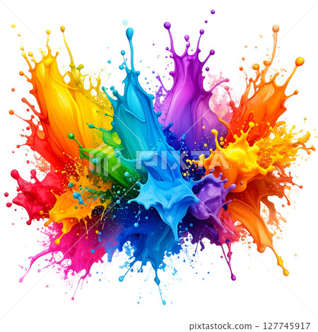 Colorful paint splashes create a vibrant, artistic vector illustration with a festive confetti-like texture on a white background Colorful paint splashes create a vibrant, artistic vector illustration with a festive confetti-like texture on a white background 127745917