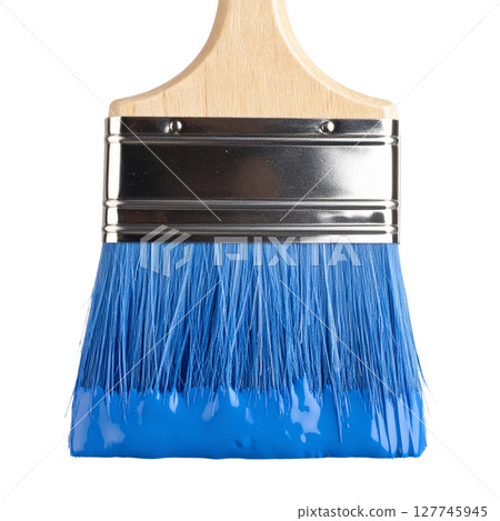 A clean, blue wooden paint brush with yellow bristles is isolated on a white background, ready for art or home painting work 127745945
