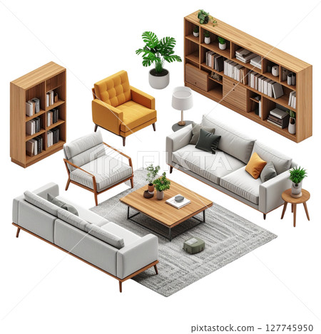 Modern interior design for a living room with wooden furniture, a stylish home office, and architectural elements Modern interior design for a living room with wooden furniture, a stylish home office, and architectural elements 127745950