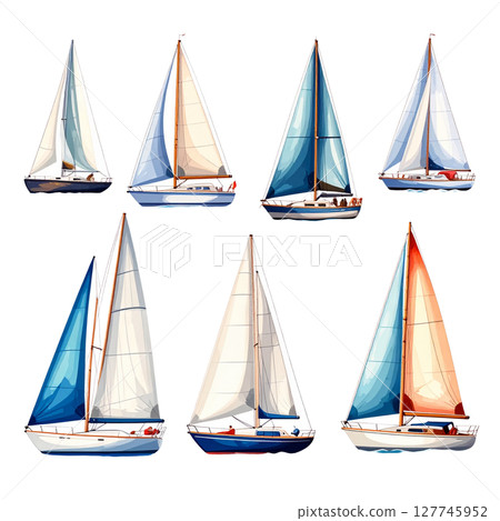 Isolated white background sailing ship set featuring a classic regatta vessel with a mast and sails 127745952