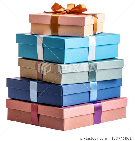 A vibrant stack of red, gold, and colorful gift boxes with bows and ribbons, perfect for any holiday celebration, birthday, or anniversary surprise 127745961