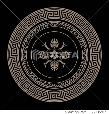 Greek classic gold round pattern frame plate with pattern in center. Greek meander. Circle european border. Patterns of Greece, ancient Rome. Classic egyptian, assyrian, greek motives Greek classic gold round pattern frame plate with pattern in center. Greek meander. Circle european border. Patterns of Greece, ancient Rome. Classic egyptian, assyrian, greek motives 127745964
