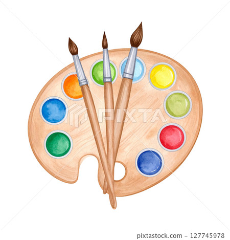 An artist's set of colorful watercolor paints and brushes, perfect for eye-catching creative art and design An artist's set of colorful watercolor paints and brushes, perfect for eye-catching creative art and design 127745978
