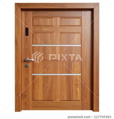 Isolated empty brown wooden bookshelf with an open door 127745983