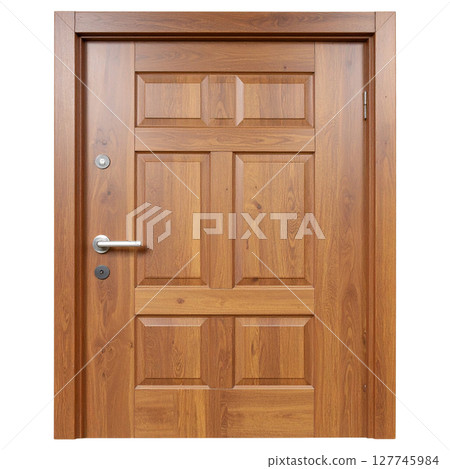 Isolated empty brown wooden bookshelf with an open door 127745984