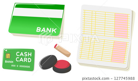 Bankbook, cash card, stamp and red ink 127745988