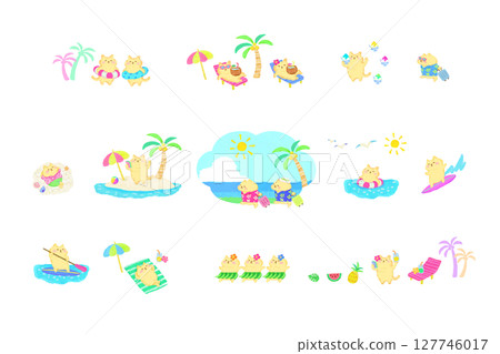 一組可愛的貓咪在避暑勝地享受的水彩插圖 127746017