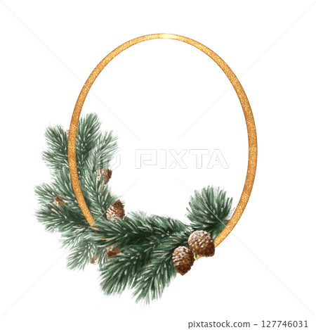 Gold frame with hand-drawn pine branches and cones, illustration for holiday cards and seasonal decor. Gold frame with hand-drawn pine branches and cones, illustration for holiday cards and seasonal decor. 127746031