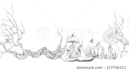 Seamless border with poisonous mushrooms on the background of an old tree. Isolated pencil illustration on the theme of magic for Halloween event decoration, postcard printing, interior design. 127746121