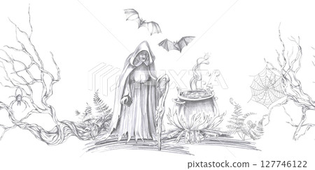 Seamless border with a witch in the forest. Isolated pencil illustration on the theme of magic for Halloween event decoration, postcard printing, interior design, clothing printing. 127746122