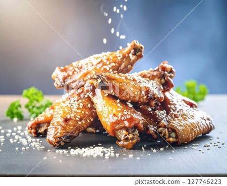 Sprinkle sesame seeds on the chicken wings 127746223
