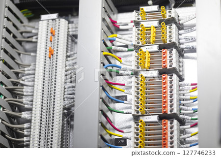 Low or high Voltage Control Panel Distribution Metering Control Box, close up. 127746233