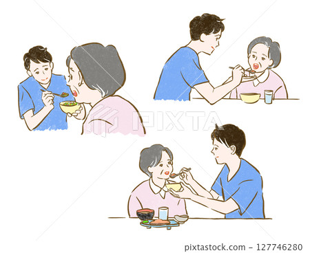 Welfare and nursing care: Senior woman and young man eating 127746280