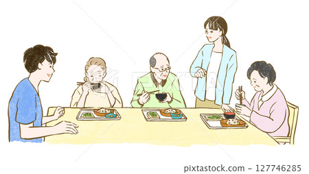 Welfare and nursing care: A senior group eating with young male and female staff Welfare and nursing care: A senior group eating with young male and female staff 127746285