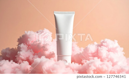 Cold milk drink with cream and pink rose petals in a glass bottle 127746341