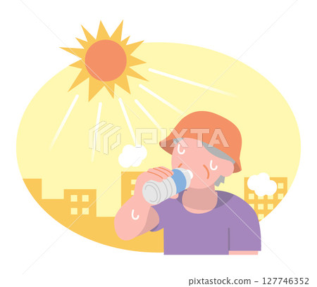 A senior woman wearing a hat to prevent heatstroke and hydrate 127746352